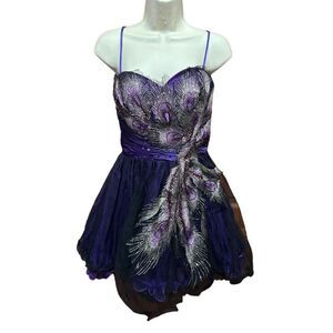 Bejeweled Peacock Feather Purple Prom Formal Tutu Skater Mini Dress Size M